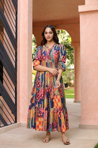 Women Ethnic Printed V Neck Ruffle Detail Dress