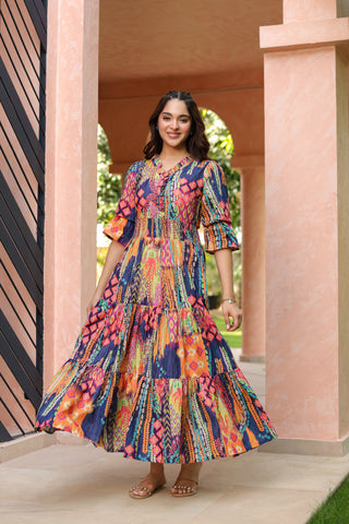 Women Ethnic Printed V Neck Ruffle Detail Dress