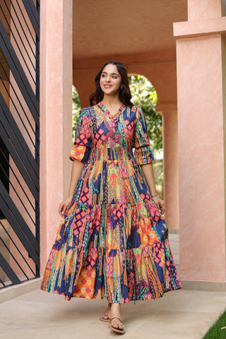 Women Ethnic Printed V Neck Ruffle Detail Dress