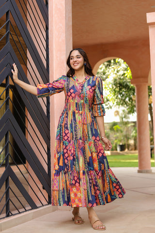 Women Ethnic Printed V Neck Ruffle Detail Dress