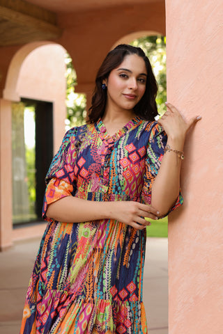 Women Ethnic Printed V Neck Ruffle Detail Dress