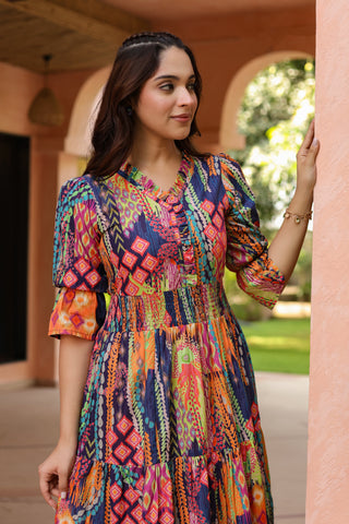 Women Ethnic Printed V Neck Ruffle Detail Dress