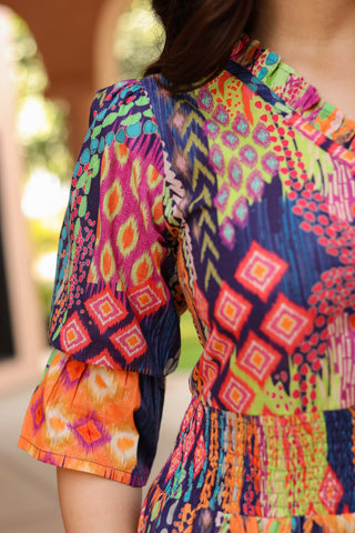 Women Ethnic Printed V Neck Ruffle Detail Dress