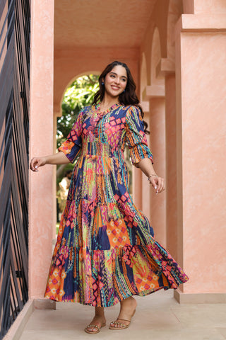 Women Ethnic Printed V Neck Ruffle Detail Dress