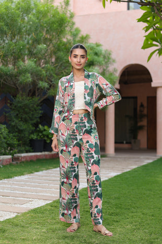 Printed Notched Lapel Neck Top & Trousers With Jacket Co-ords