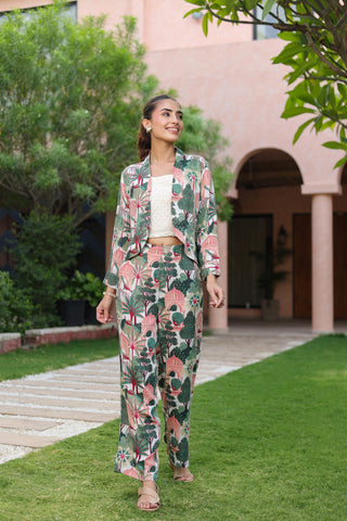 Printed Notched Lapel Neck Top & Trousers With Jacket Co-ords