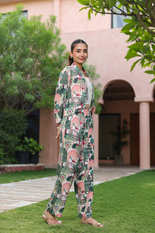 Printed Notched Lapel Neck Top & Trousers With Jacket Co-ords