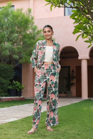 Printed Notched Lapel Neck Top & Trousers With Jacket Co-ords