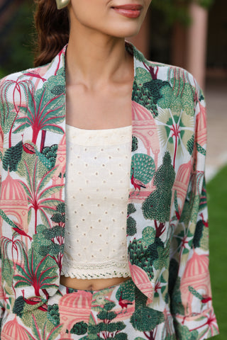 Printed Notched Lapel Neck Top & Trousers With Jacket Co-ords