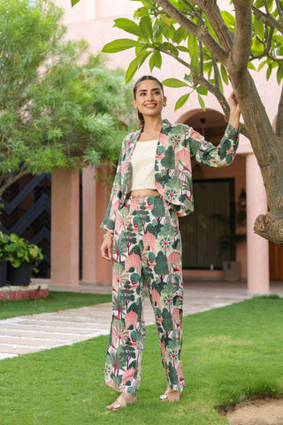 Printed Notched Lapel Neck Top & Trousers With Jacket Co-ords