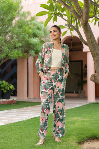 Printed Notched Lapel Neck Top & Trousers With Jacket Co-ords