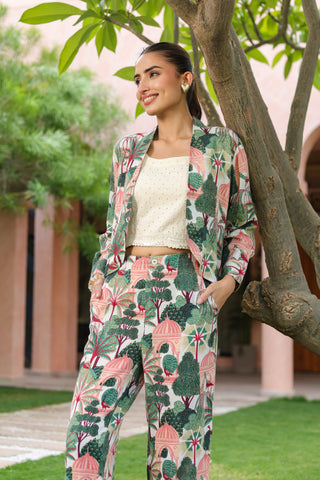 Printed Notched Lapel Neck Top & Trousers With Jacket Co-ords