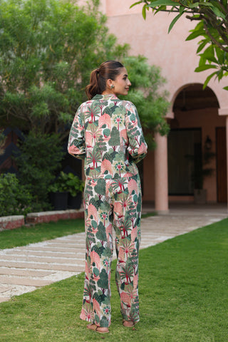 Printed Notched Lapel Neck Top & Trousers With Jacket Co-ords