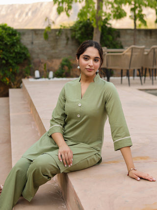 V-Neck Pure Cotton Tunic With Trousers Co-Ords