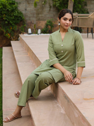 V-Neck Pure Cotton Tunic With Trousers Co-Ords