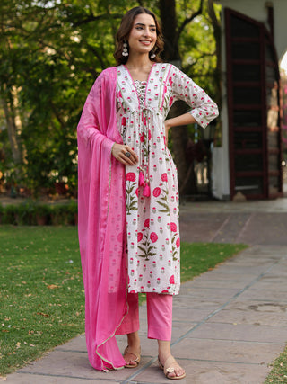 Women Floral Printed Cotton Kurta with Trousers & Dupatta