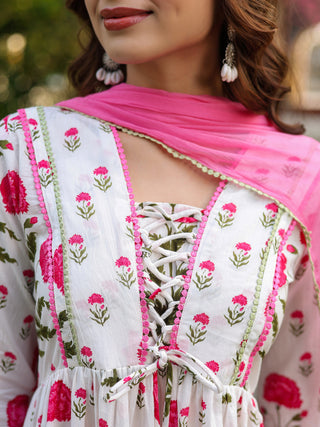 Women Floral Printed Cotton Kurta with Trousers & Dupatta