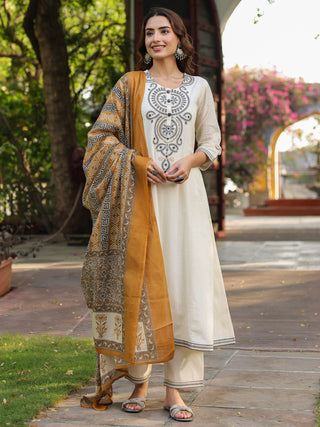 Women Floral Embroidered A-Line Pure Cotton Kurta with Trousers & Dupatta