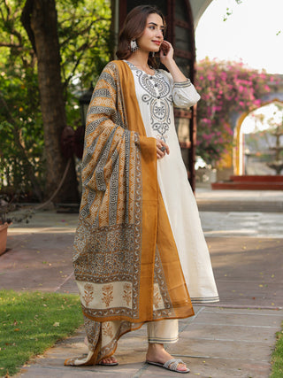 Women Floral Embroidered A-Line Pure Cotton Kurta with Trousers & Dupatta