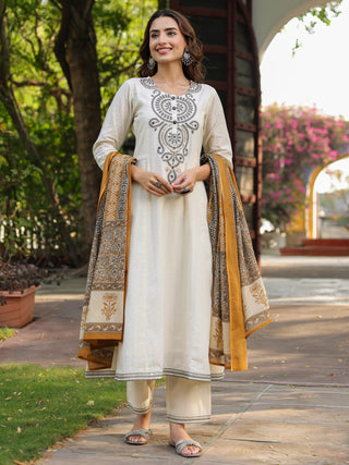 Women Floral Embroidered A-Line Pure Cotton Kurta with Trousers & Dupatta