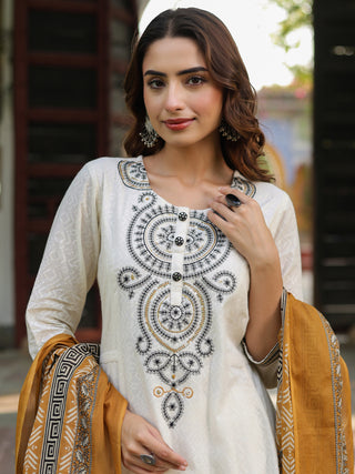 Women Floral Embroidered A-Line Pure Cotton Kurta with Trousers & Dupatta