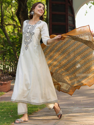 Women Floral Embroidered A-Line Pure Cotton Kurta with Trousers & Dupatta