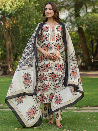 Women Floral Printed Regular Pure Cotton Kurta with Trousers & With Dupatta