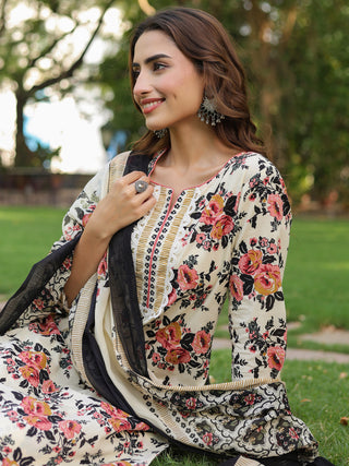 Women Floral Printed Regular Pure Cotton Kurta with Trousers & With Dupatta