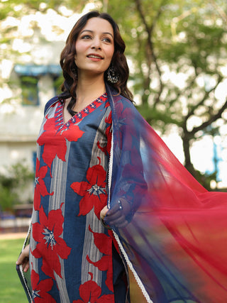 Women Floral Printed Regular Pure Cotton Kurta with Trousers & With Dupatta