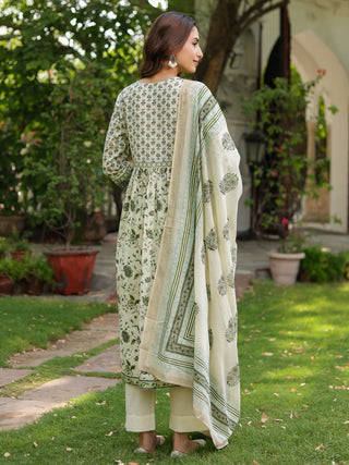 Women Floral Printed Cotton Anarkali Kurta with Trousers & Dupatta