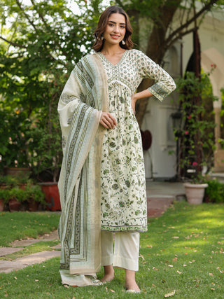 Women Floral Printed Cotton Anarkali Kurta with Trousers & Dupatta