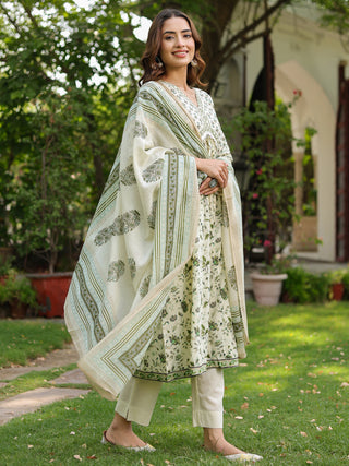 Women Floral Printed Cotton Anarkali Kurta with Trousers & Dupatta