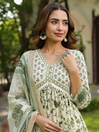 Women Floral Printed Cotton Anarkali Kurta with Trousers & Dupatta