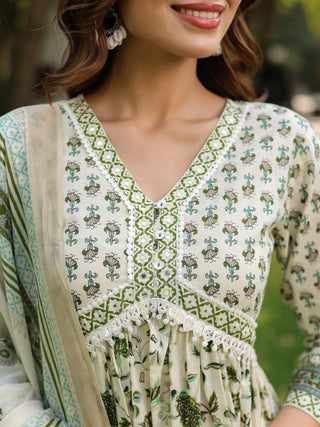 Women Floral Printed Cotton Anarkali Kurta with Trousers & Dupatta