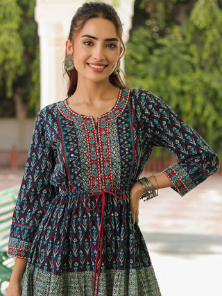 Printed Round Neck Pure Cotton Ethnic Dresses