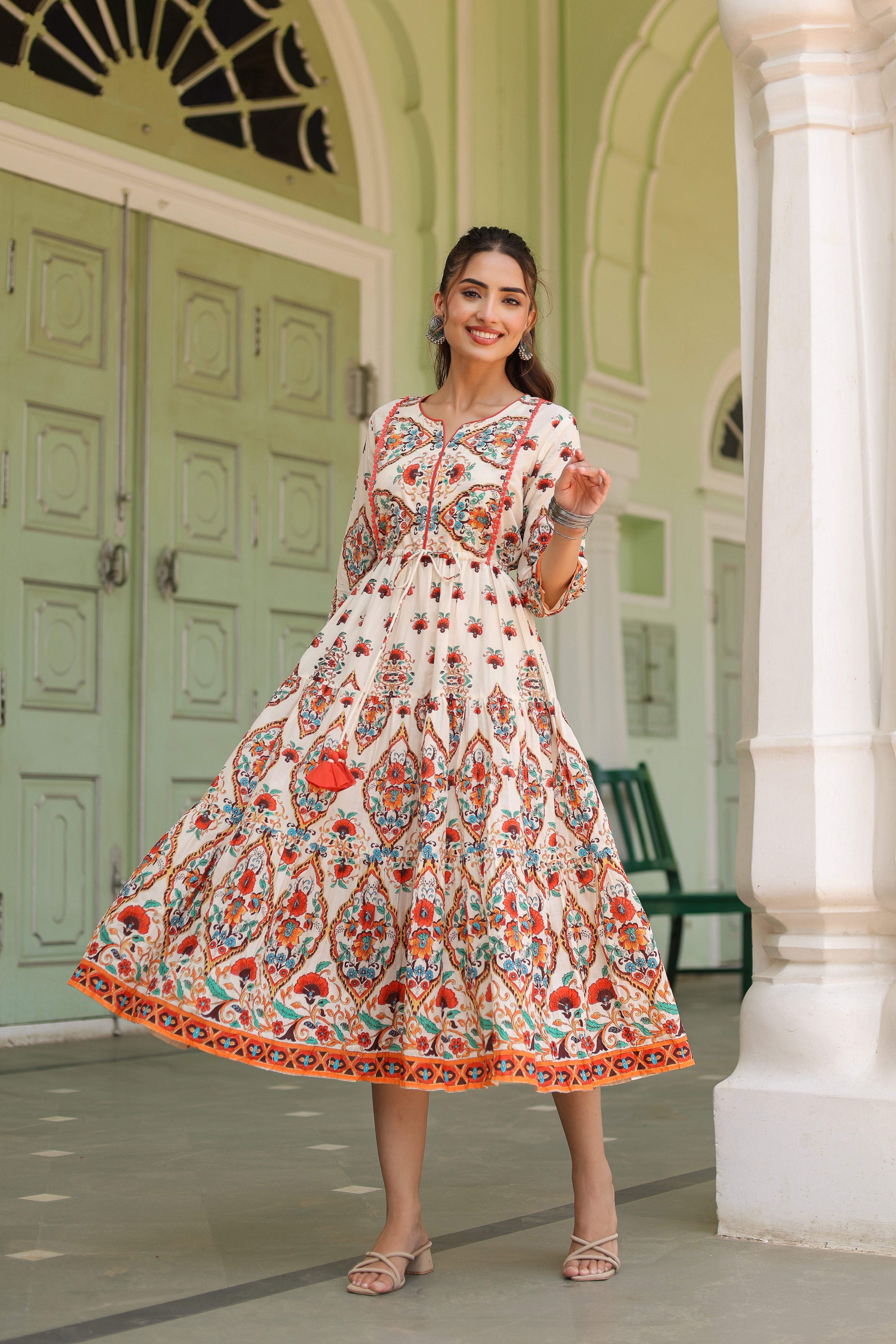 fit and flare ethnic dress Printed V-Neck Fit and Flare Ethnic Dresses Rain & Rainbow