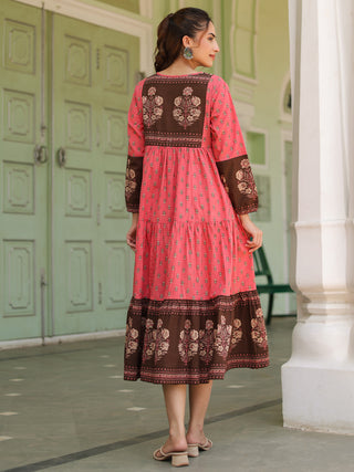 Ethnic Motifs Printed Tiered Pure Cotton V-Neck Fit & Flared Midi Dress