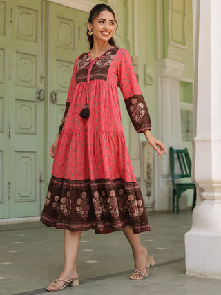 Ethnic Motifs Printed Tiered Pure Cotton V-Neck Fit & Flared Midi Dress