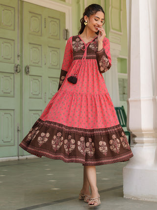 Ethnic Motifs Printed Tiered Pure Cotton V-Neck Fit & Flared Midi Dress