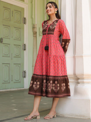 Ethnic Motifs Printed Tiered Pure Cotton V-Neck Fit & Flared Midi Dress