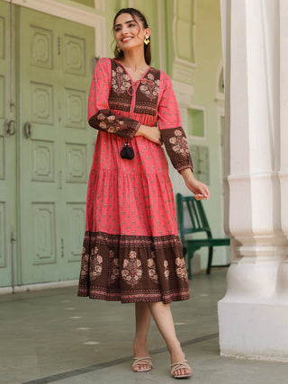 Ethnic Motifs Printed Tiered Pure Cotton V-Neck Fit & Flared Midi Dress