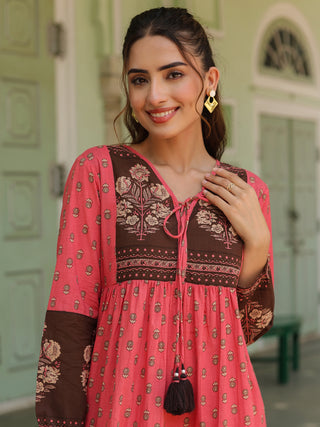 Ethnic Motifs Printed Tiered Pure Cotton V-Neck Fit & Flared Midi Dress