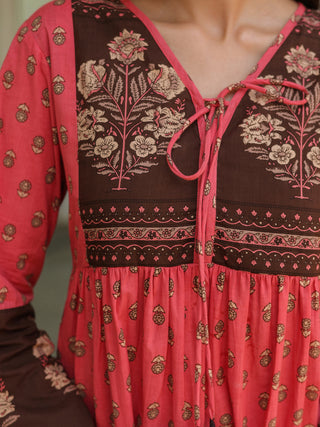 Ethnic Motifs Printed Tiered Pure Cotton V-Neck Fit & Flared Midi Dress