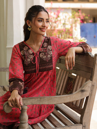 Ethnic Motifs Printed Tiered Pure Cotton V-Neck Fit & Flared Midi Dress