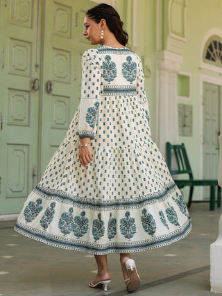 Women Ethnic Printed Pure Cotton V-Neck Fit & Flared Midi Ethnic Dresses