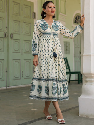 Women Ethnic Printed Pure Cotton V-Neck Fit & Flared Midi Ethnic Dresses