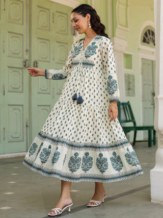 Women Ethnic Printed Pure Cotton V-Neck Fit & Flared Midi Ethnic Dresses