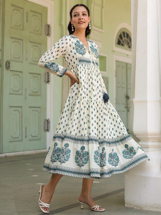 Women Ethnic Printed Pure Cotton V-Neck Fit & Flared Midi Ethnic Dresses