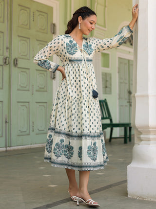 Women Ethnic Printed Pure Cotton V-Neck Fit & Flared Midi Ethnic Dresses