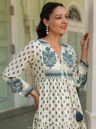 Women Ethnic Printed Pure Cotton V-Neck Fit & Flared Midi Ethnic Dresses